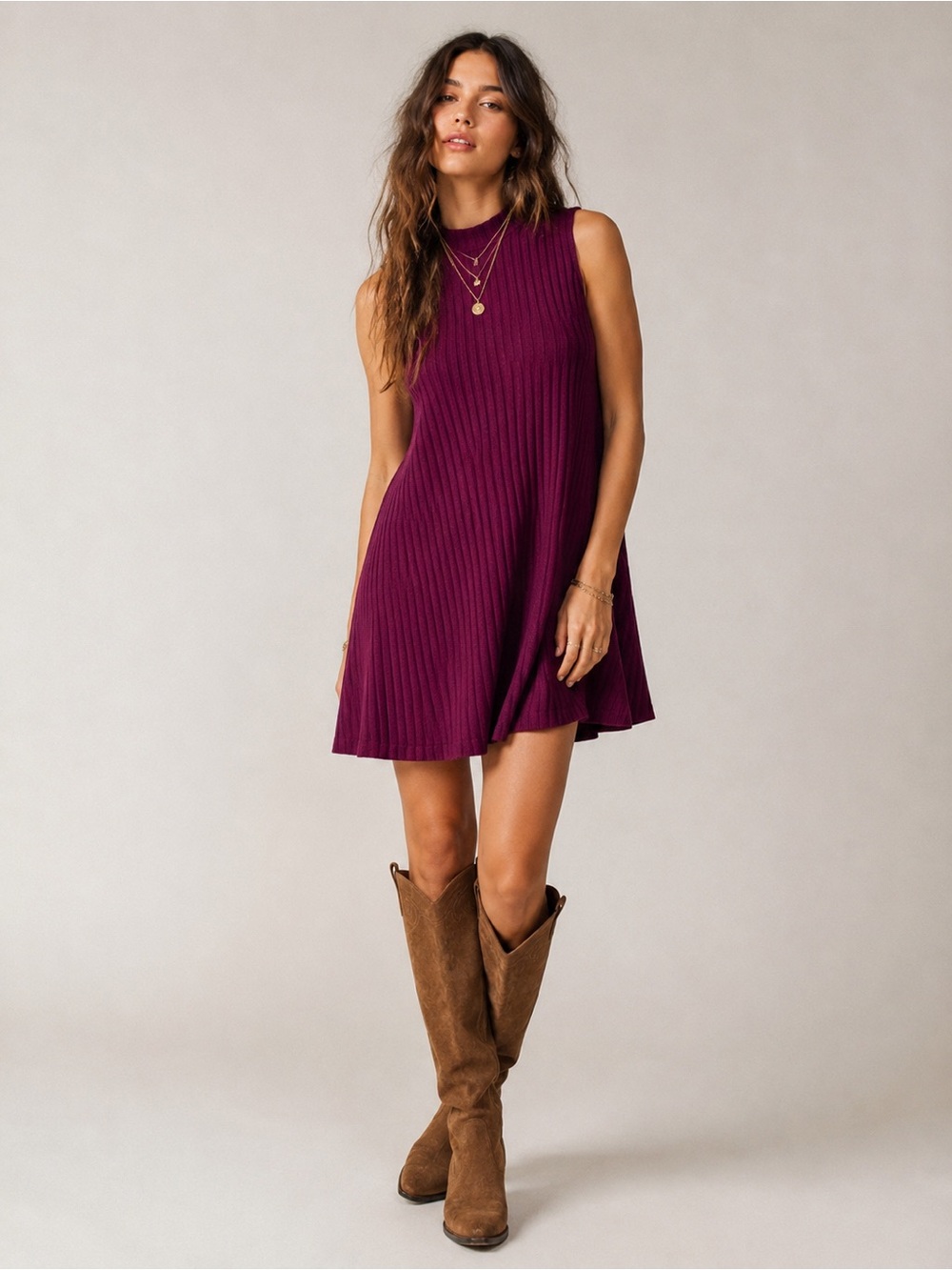 Feathers by Francesca’s Burgundy Sleeveless Mock Neck A-Line Dress M